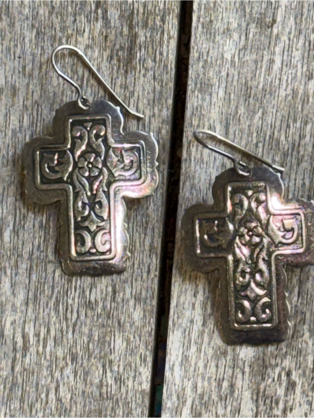 Ornate Silver Cross Dangle Earrings
